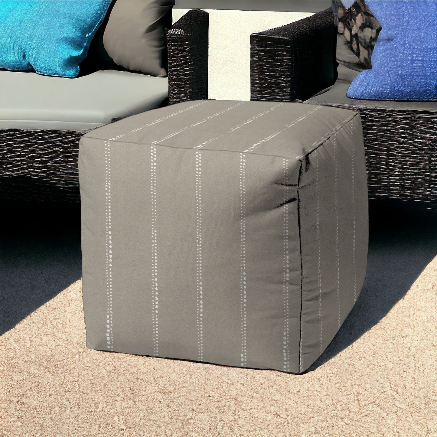 17" Taupe Polyester Cube Striped Indoor Outdoor Pouf Ottoman