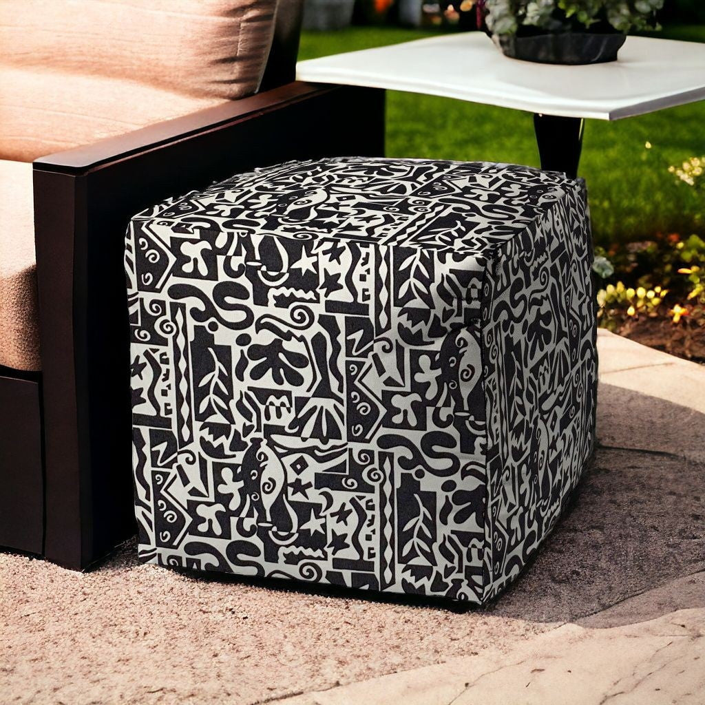 17" Black And White Polyester Cube Geometric Indoor Outdoor Pouf Ottoman