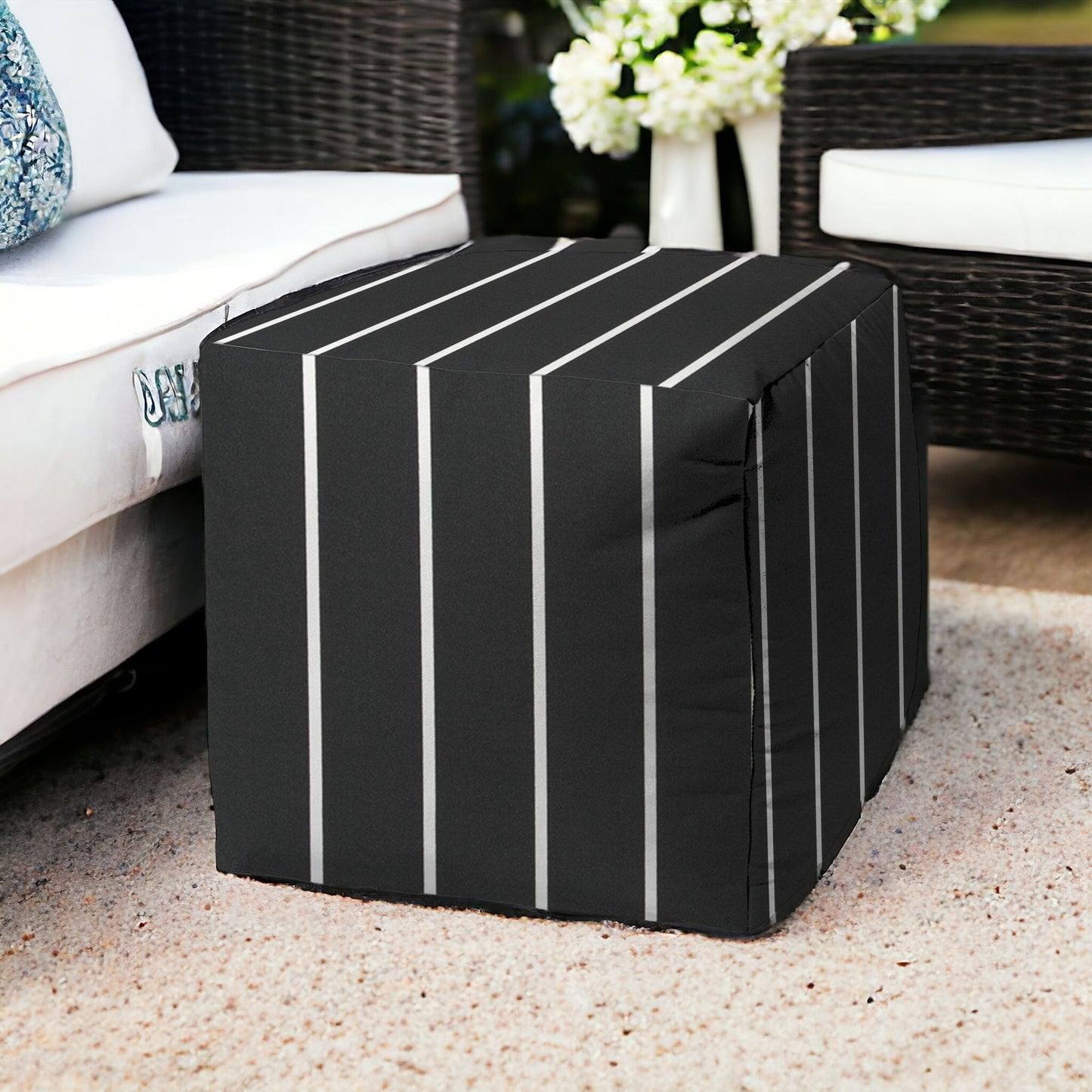 17" Gray Polyester Cube Striped Indoor Outdoor Pouf Ottoman