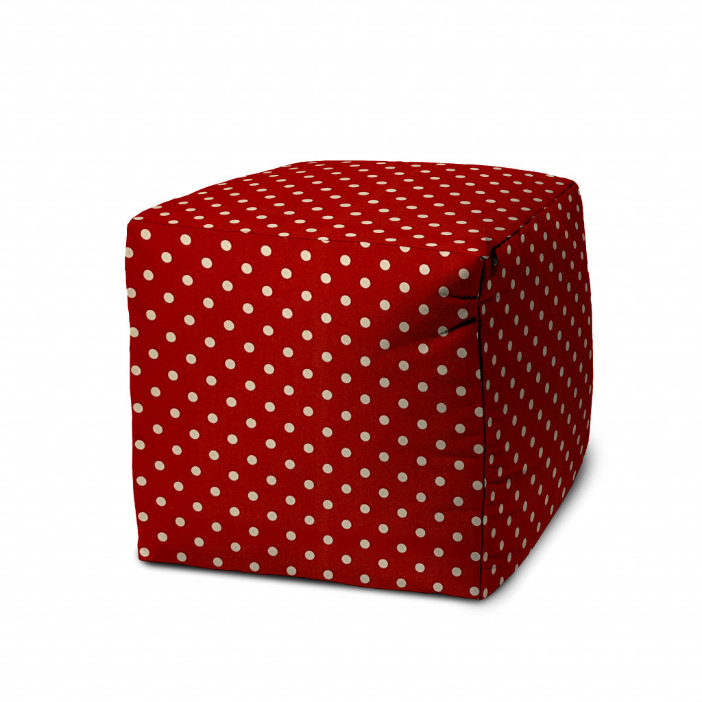 17" Red Polyester Cube Polka Dots Indoor Outdoor Pouf Ottoman