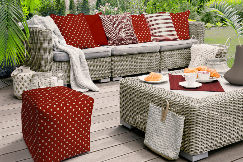 17" Red Polyester Cube Polka Dots Indoor Outdoor Pouf Ottoman