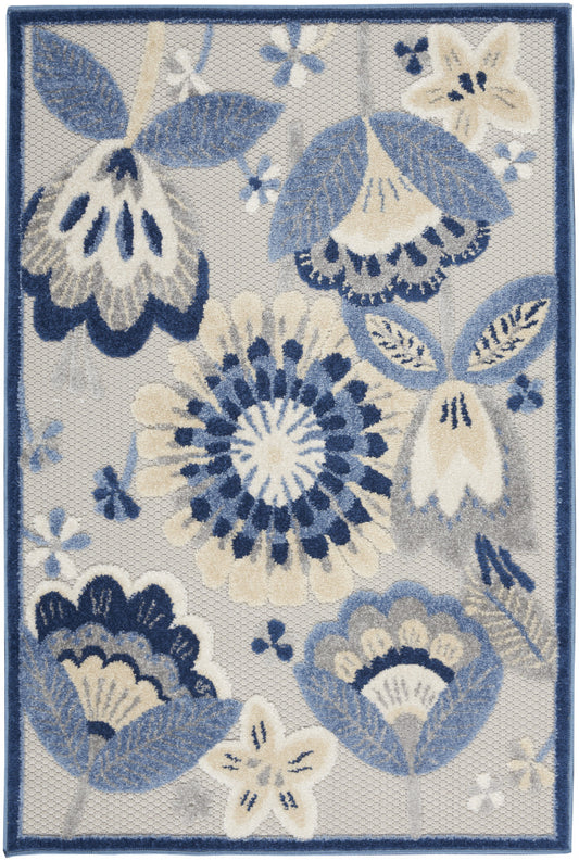 3' X 4' Blue And Grey Floral Non Skid Indoor Outdoor Area Rug