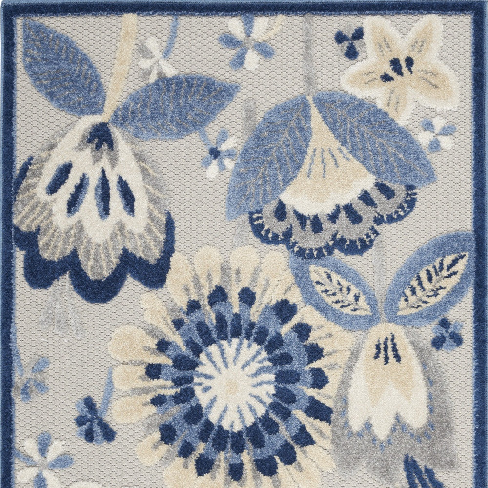 3' X 4' Blue And Grey Floral Non Skid Indoor Outdoor Area Rug