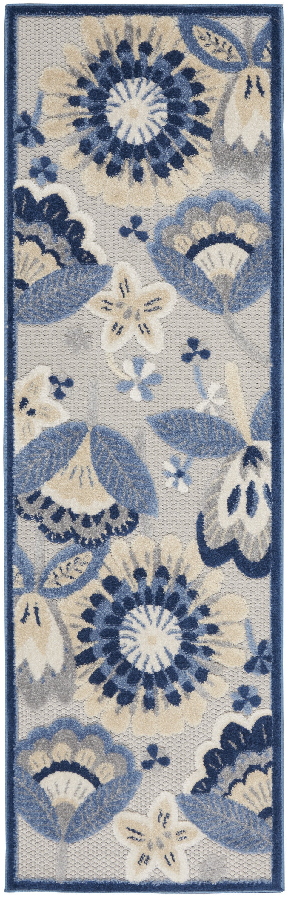 2' X 8' Blue And Grey Floral Non Skid Indoor Outdoor Runner Rug