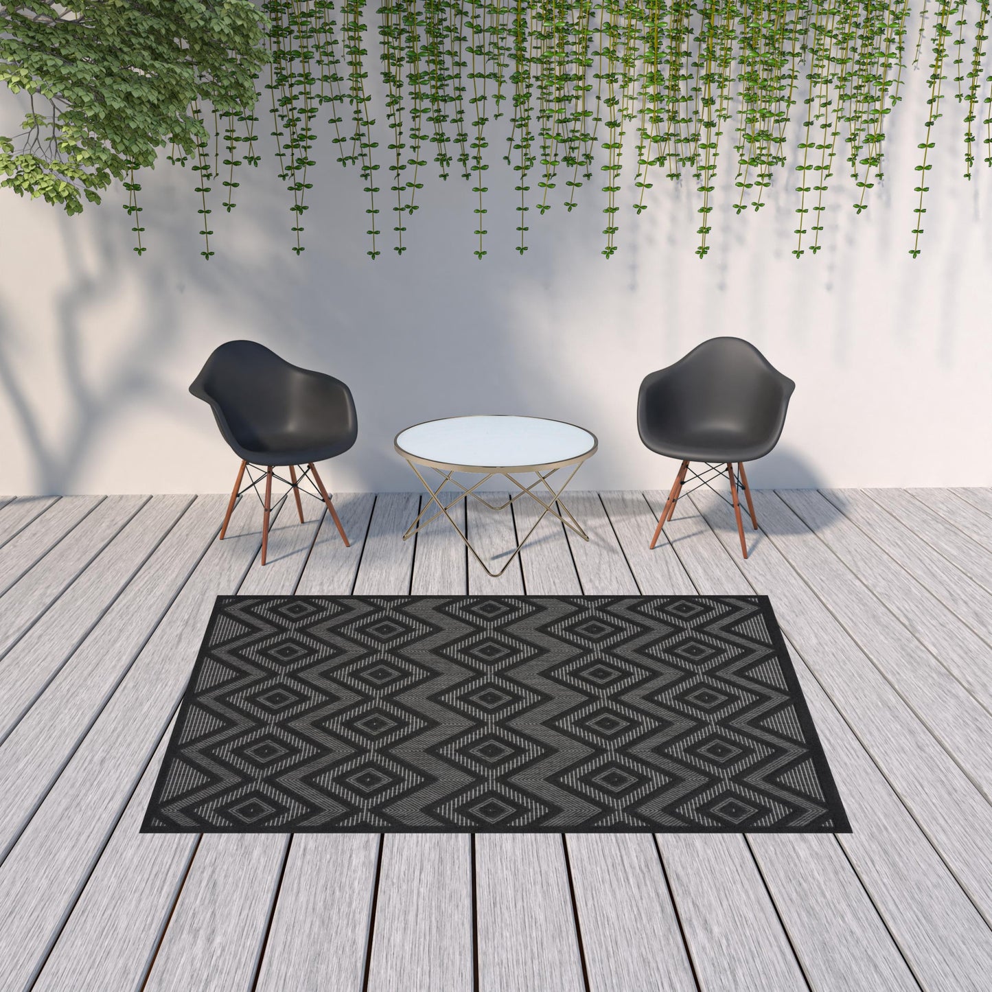 6' X 9' Charcoal Black Argyle Indoor Outdoor Area Rug