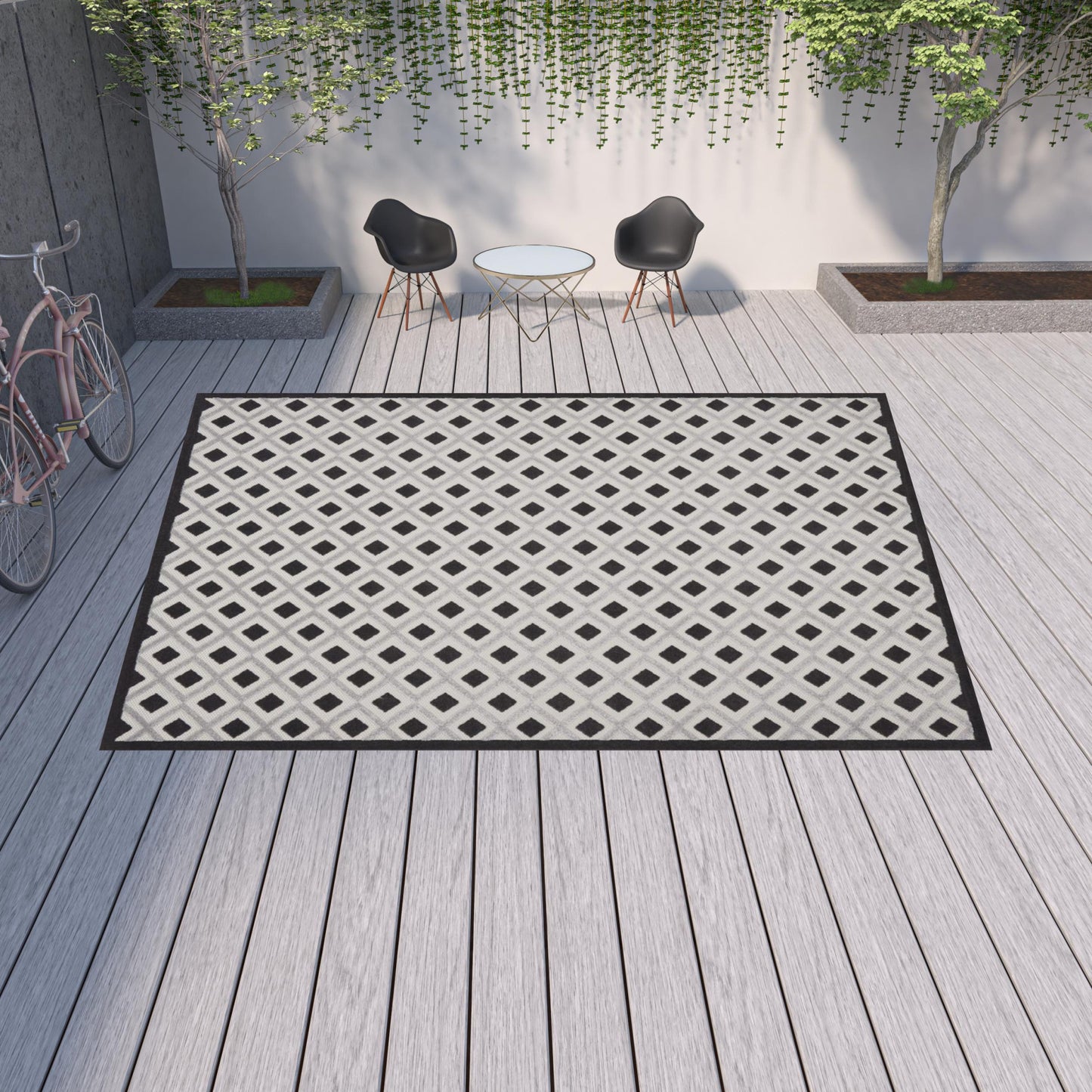 12' X 15' Black And White Gingham Non Skid Indoor Outdoor Area Rug