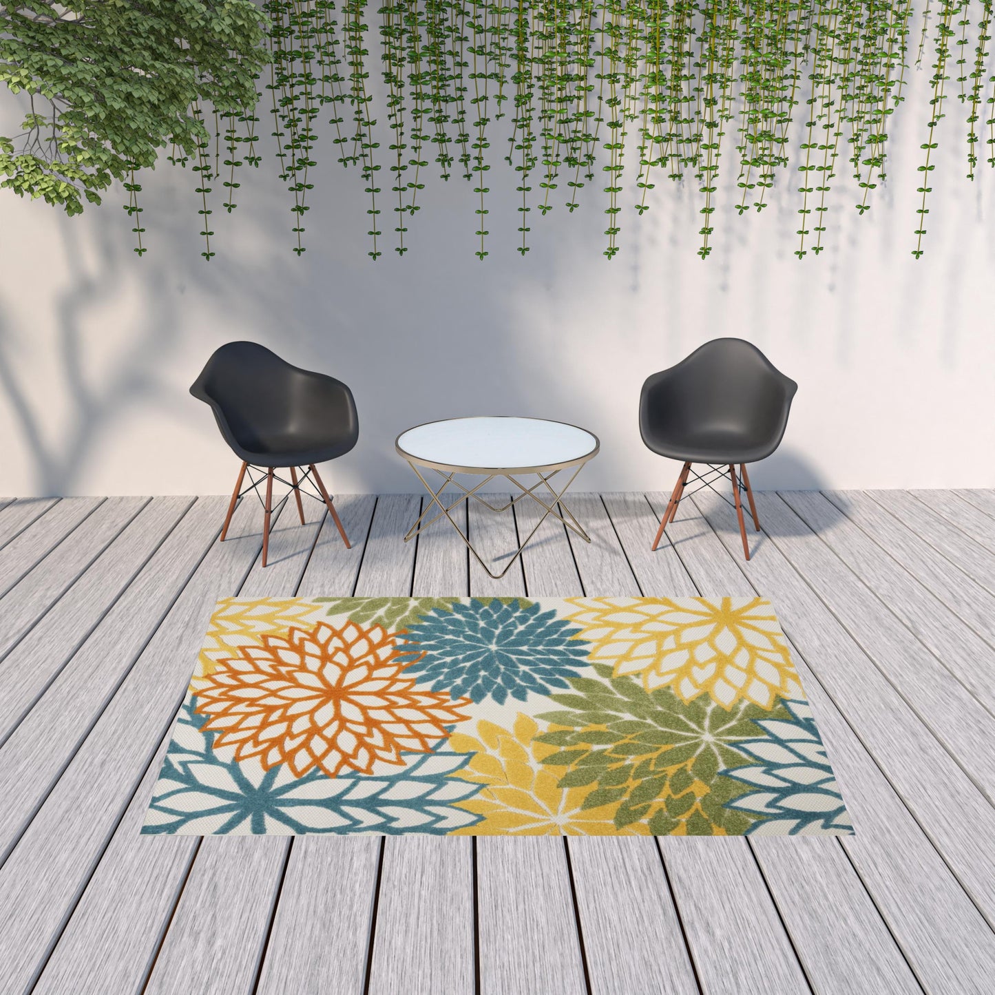 6' X 9' Turquoise Floral Non Skid Indoor Outdoor Area Rug