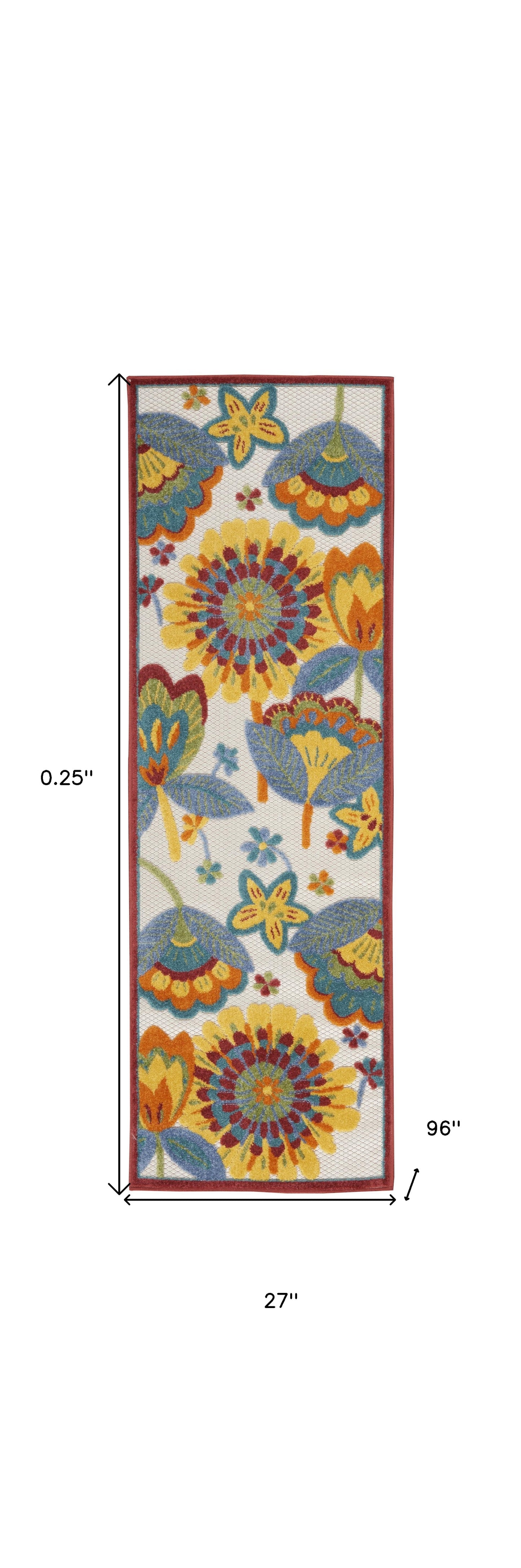 2' X 8' Yellow And Teal Floral Non Skid Indoor Outdoor Runner Rug