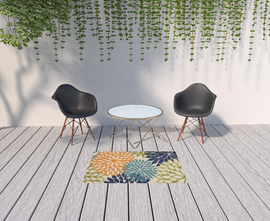 3' X 5' Cream And Blue Floral Non Skid Indoor Outdoor Area Rug