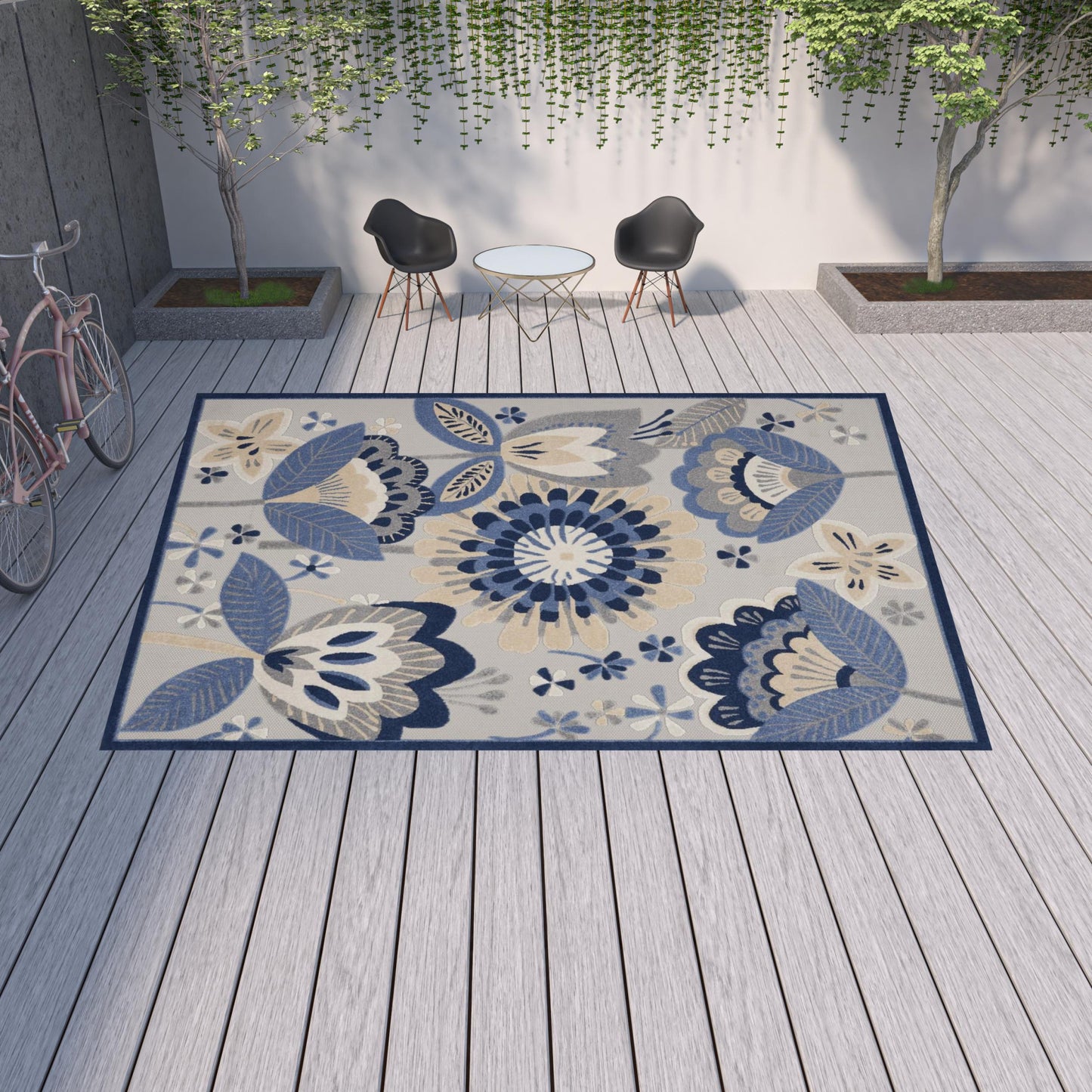 12' X 15' Blue And Grey Floral Non Skid Indoor Outdoor Area Rug