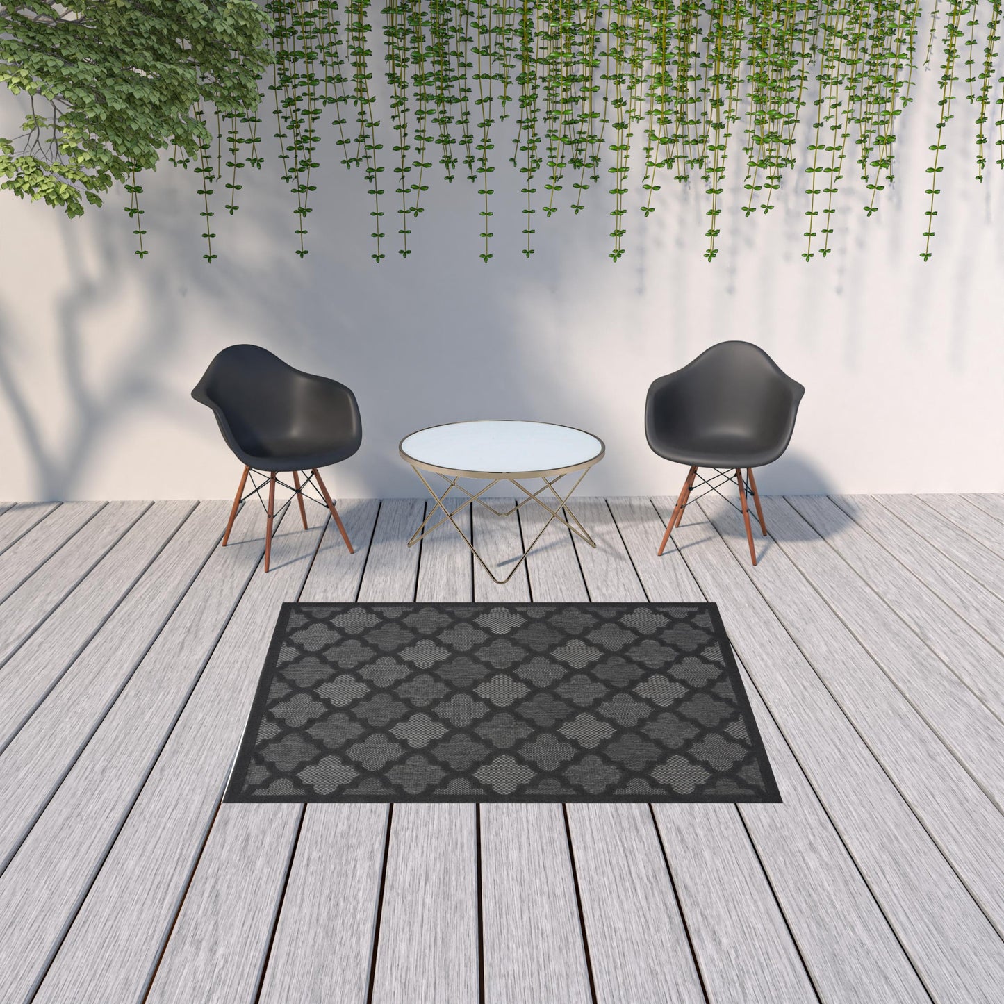 5' X 7' Charcoal Black Ikat Indoor Outdoor Area Rug