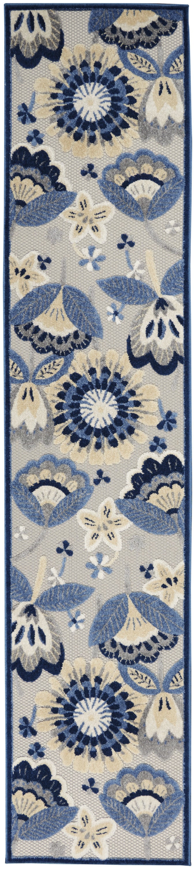 2' X 10' Blue And Grey Floral Non Skid Indoor Outdoor Runner Rug