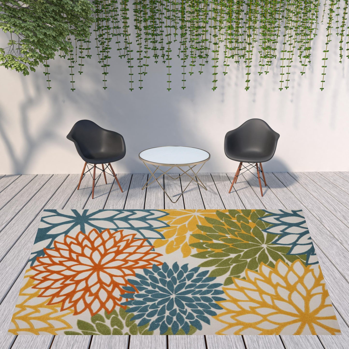 9' X 12' Turquoise Floral Non Skid Indoor Outdoor Area Rug