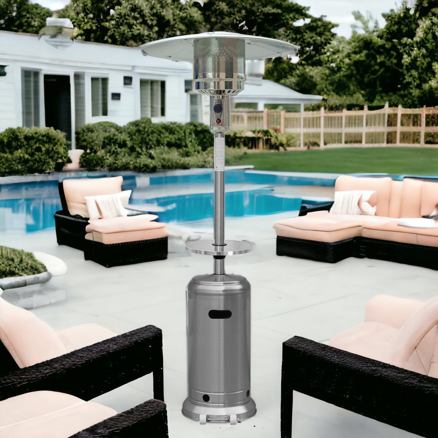 48000 BTU Silver Steel Propane Cylindrical Pole Standing Patio Heater