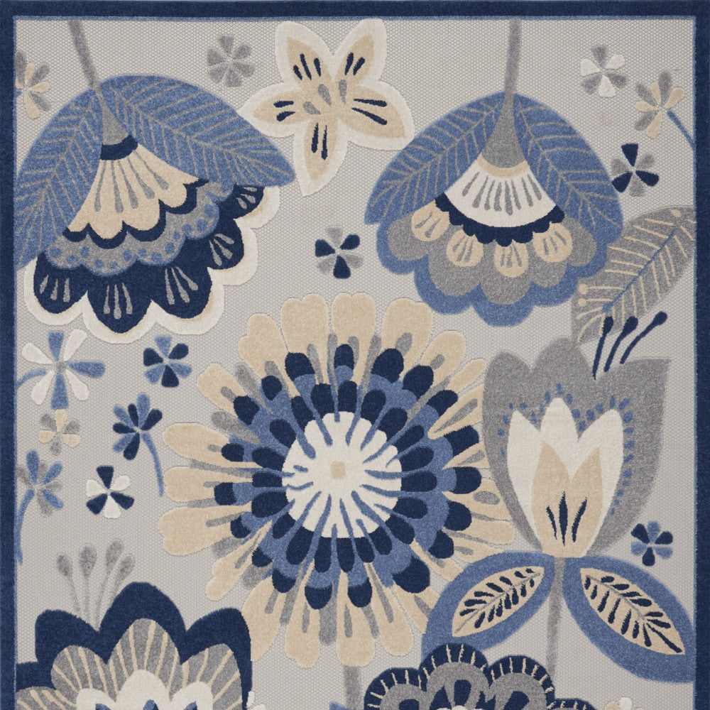 9' X 12' Blue And Grey Floral Non Skid Indoor Outdoor Area Rug