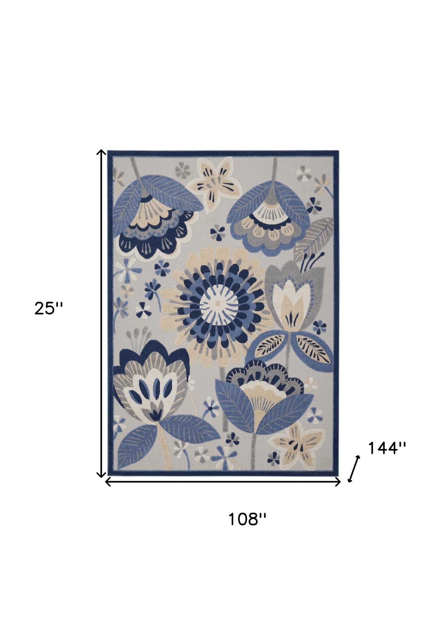 9' X 12' Blue And Grey Floral Non Skid Indoor Outdoor Area Rug