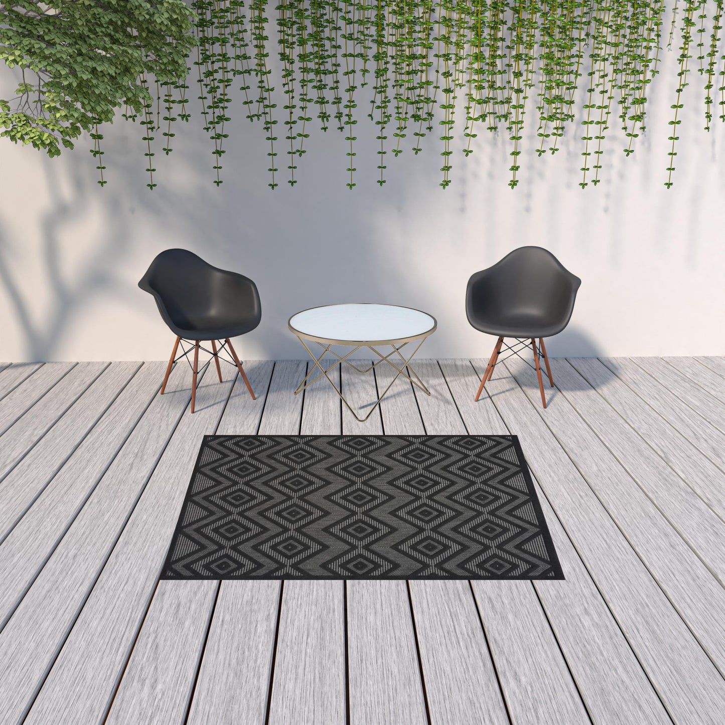 5' X 7' Charcoal Black Argyle Indoor Outdoor Area Rug