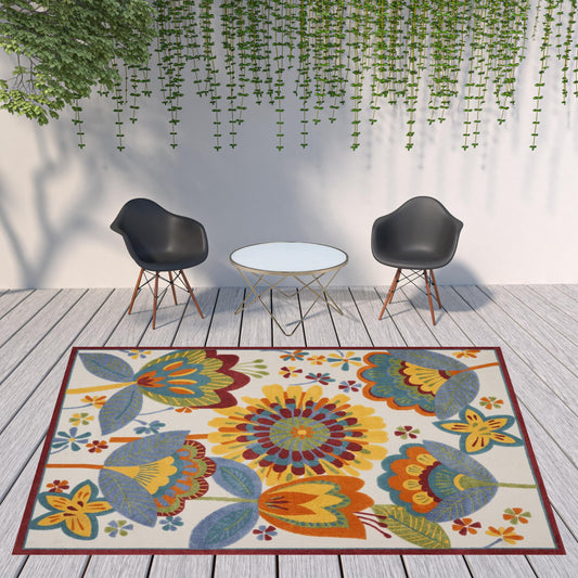 9' X 12' White Yellow And Blue Floral Non Skid Indoor Outdoor Area Rug