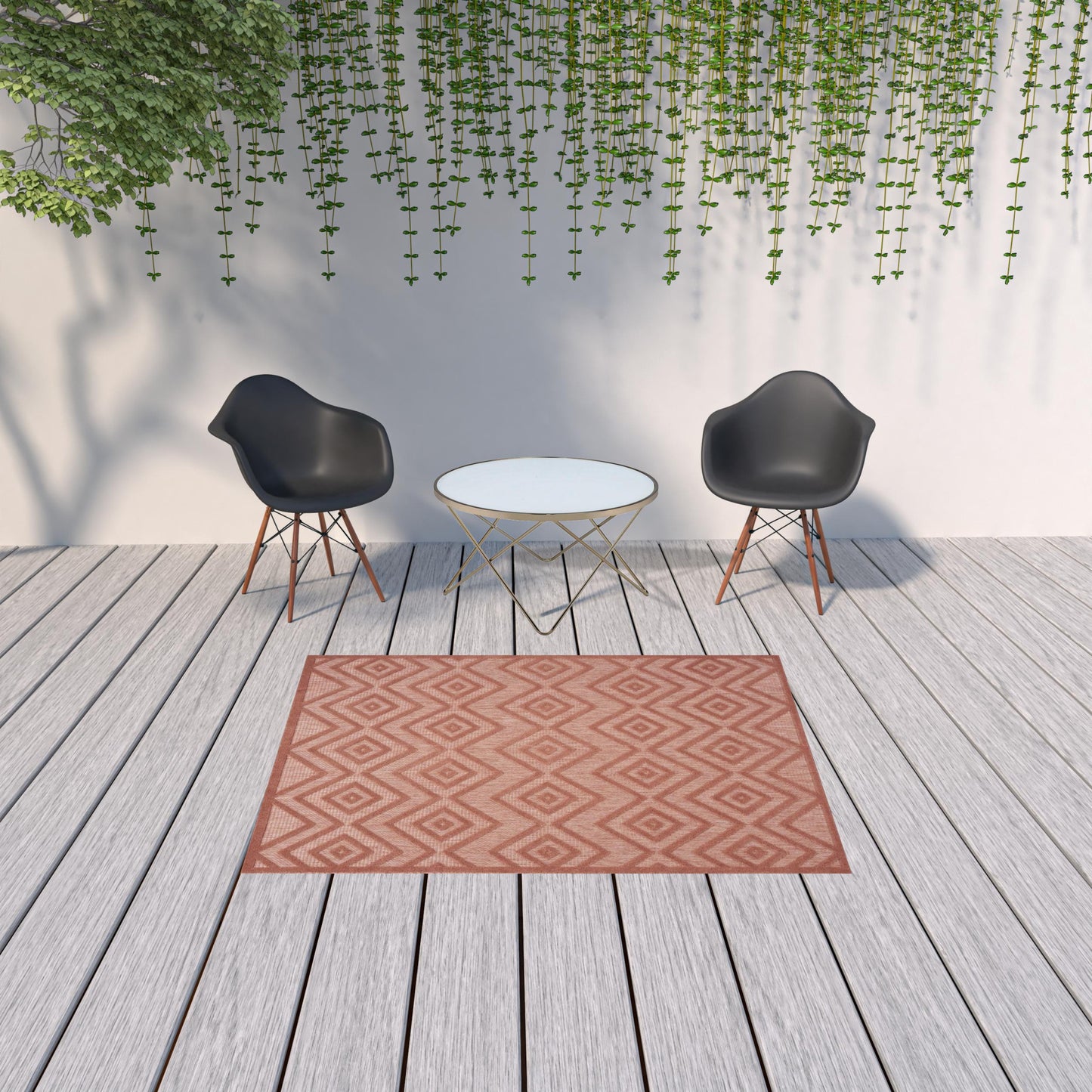 5' X 7' Coral Orange Argyle Indoor Outdoor Area Rug