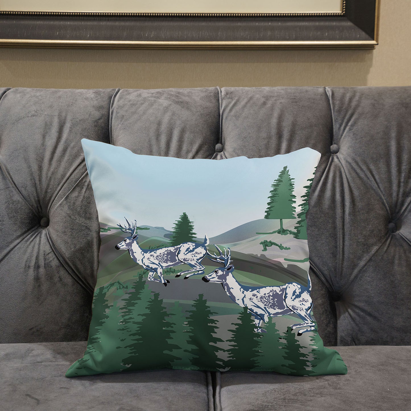 16x16 Green Blue Deer Blown Seam Broadcloth Animal Print Throw Pillow