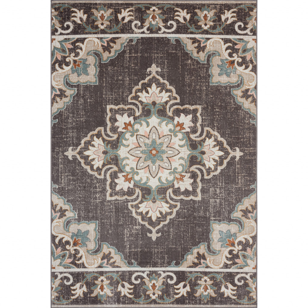 5' X 8' Brown Floral Stain Resistant Indoor Outdoor Area Rug