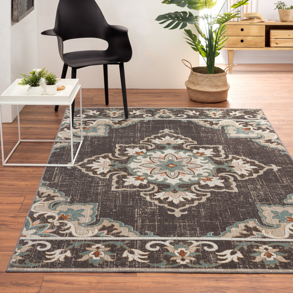 5' X 8' Brown Floral Stain Resistant Indoor Outdoor Area Rug