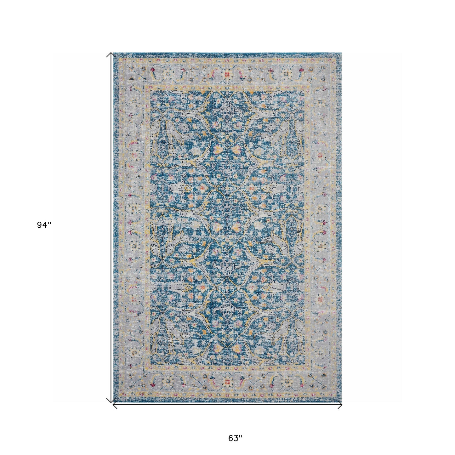 5' X 8' Blue Floral Stain Resistant Indoor Outdoor Area Rug