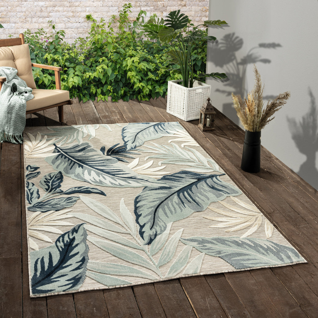 8' X 10' Blue And Gray Floral Stain Resistant Indoor Outdoor Area Rug