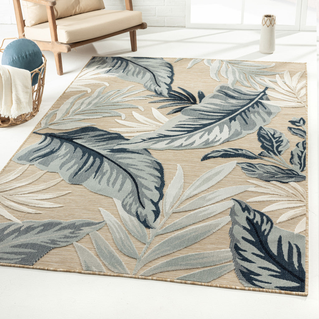 8' X 10' Blue And Gray Floral Stain Resistant Indoor Outdoor Area Rug