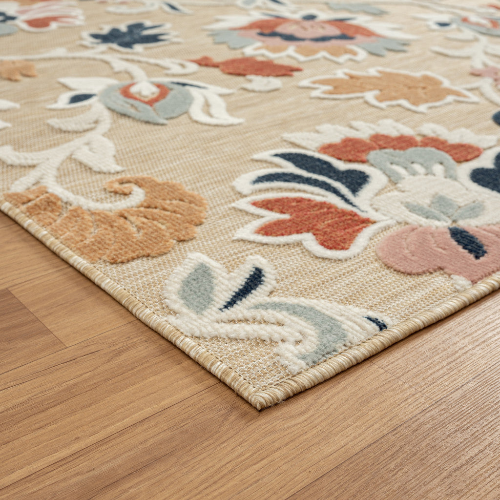 5' X 7' Blue And Beige Floral Stain Resistant Indoor Outdoor Area Rug