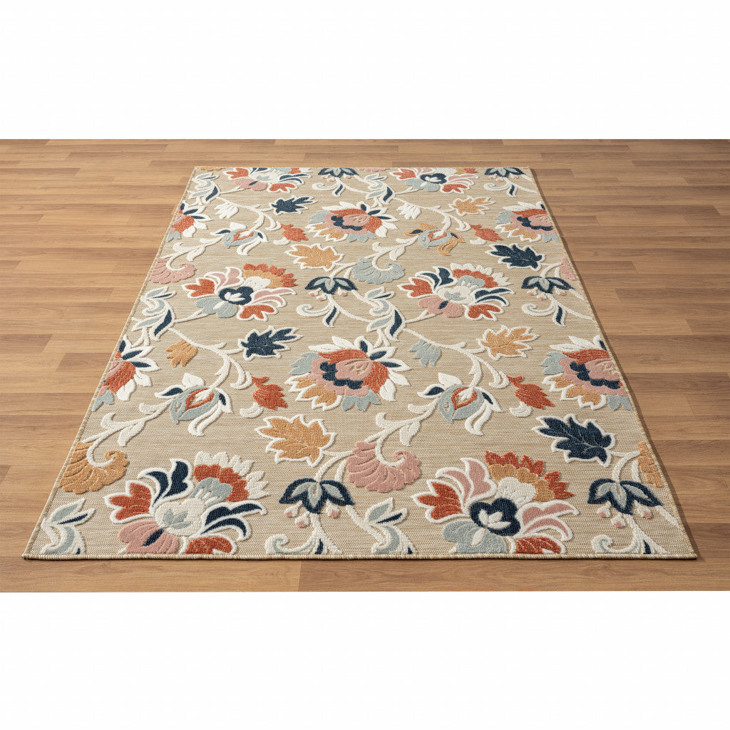 5' X 7' Blue And Beige Floral Stain Resistant Indoor Outdoor Area Rug