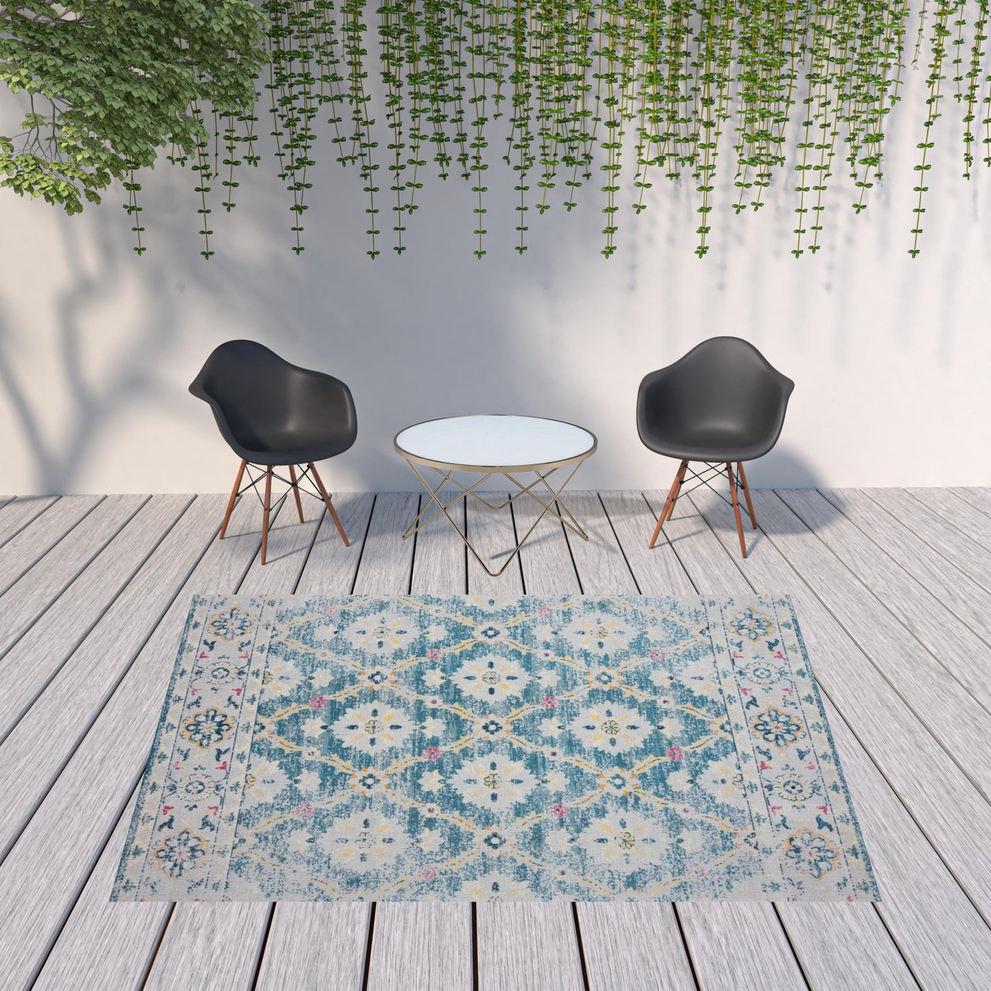 8' X 10' Blue And Gray Floral Stain Resistant Indoor Outdoor Area Rug