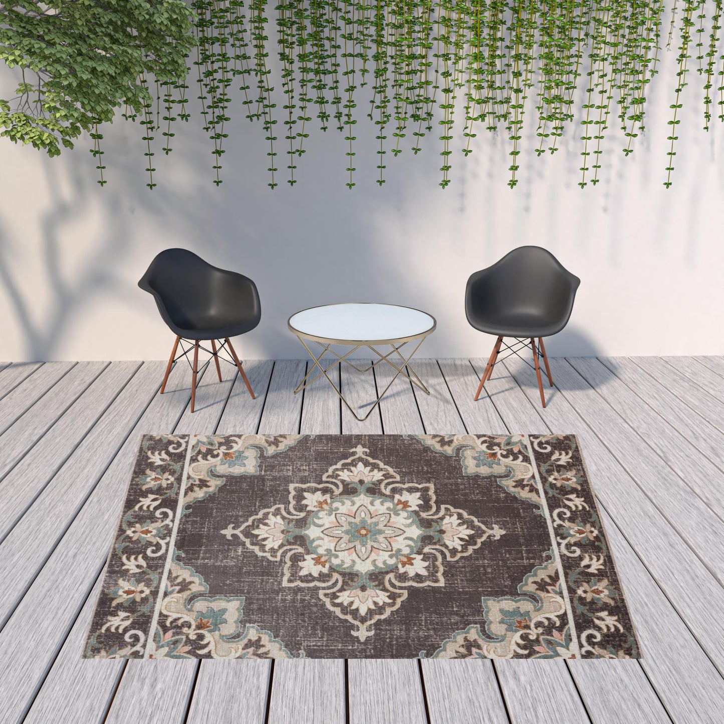 8' X 10' Brown Floral Stain Resistant Indoor Outdoor Area Rug