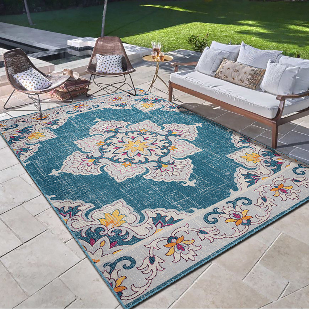 8' X 10' Blue And Ivory Floral Stain Resistant Indoor Outdoor Area Rug