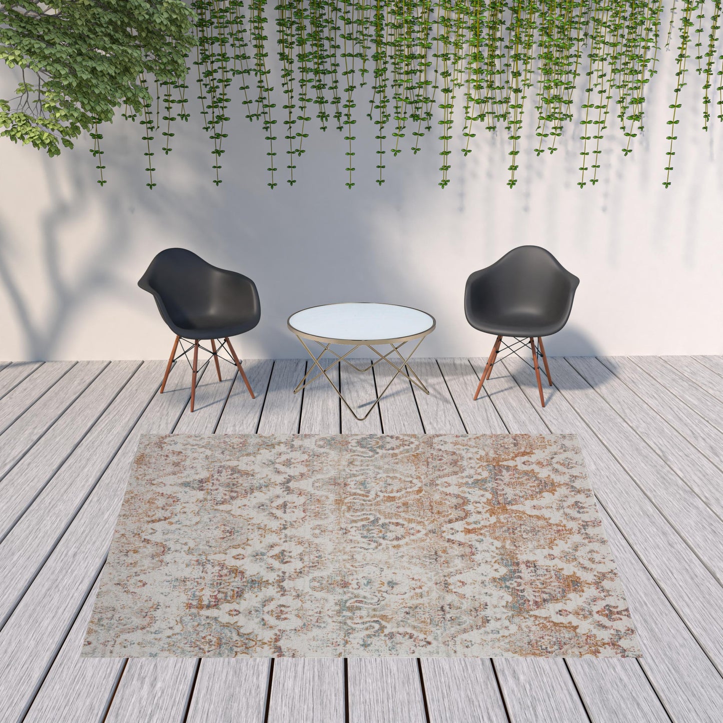 8' X 10' Beige Damask Stain Resistant Indoor Outdoor Area Rug