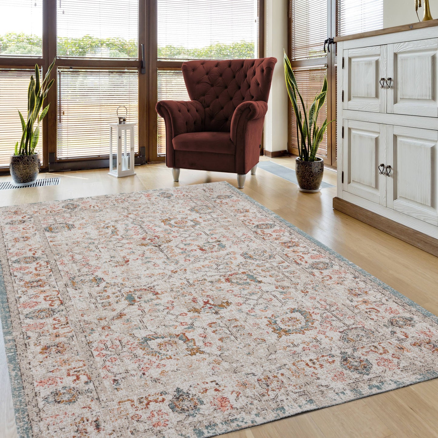 9' X 12' Beige Floral Stain Resistant Indoor Outdoor Area Rug