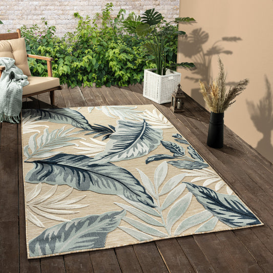 5' X 7' Blue And Beige Floral Stain Resistant Indoor Outdoor Area Rug