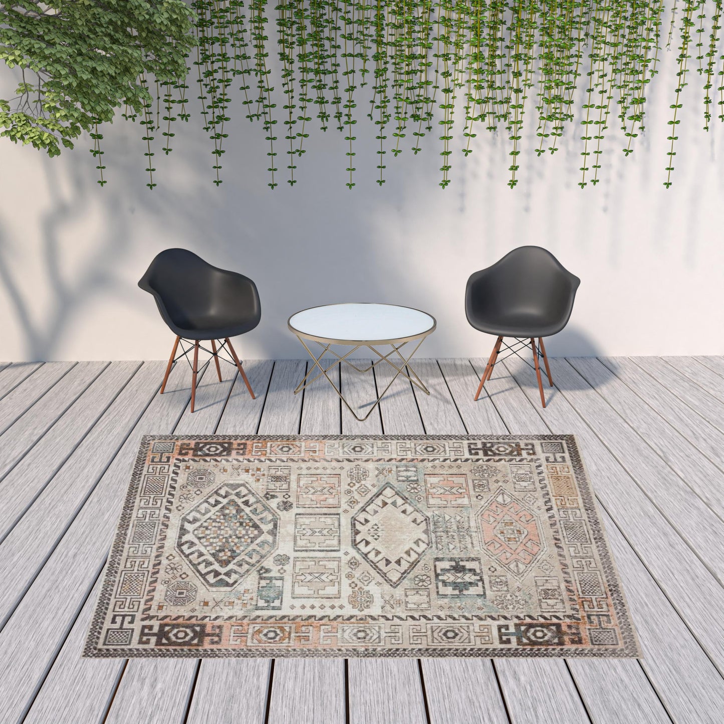 8' X 10' Cream Geometric Stain Resistant Indoor Outdoor Area Rug