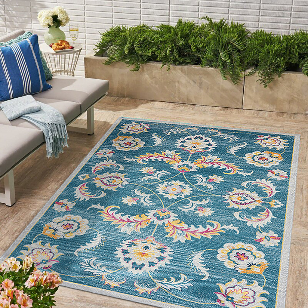 5' X 8' Blue And Ivory Floral Stain Resistant Indoor Outdoor Area Rug