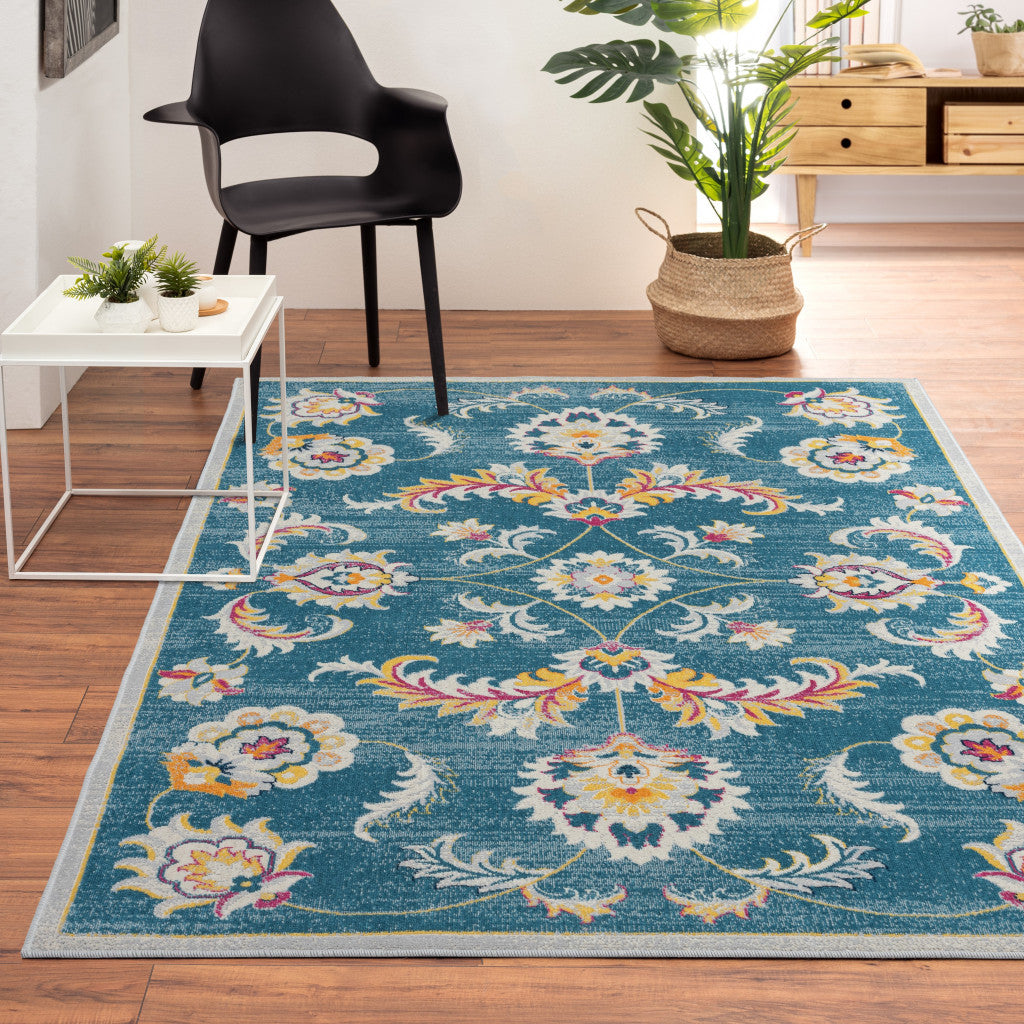 5' X 8' Blue And Ivory Floral Stain Resistant Indoor Outdoor Area Rug