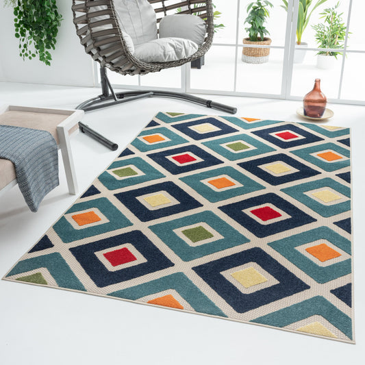 4' X 6' Blue And Ivory Geometric Stain Resistant Indoor Outdoor Area Rug