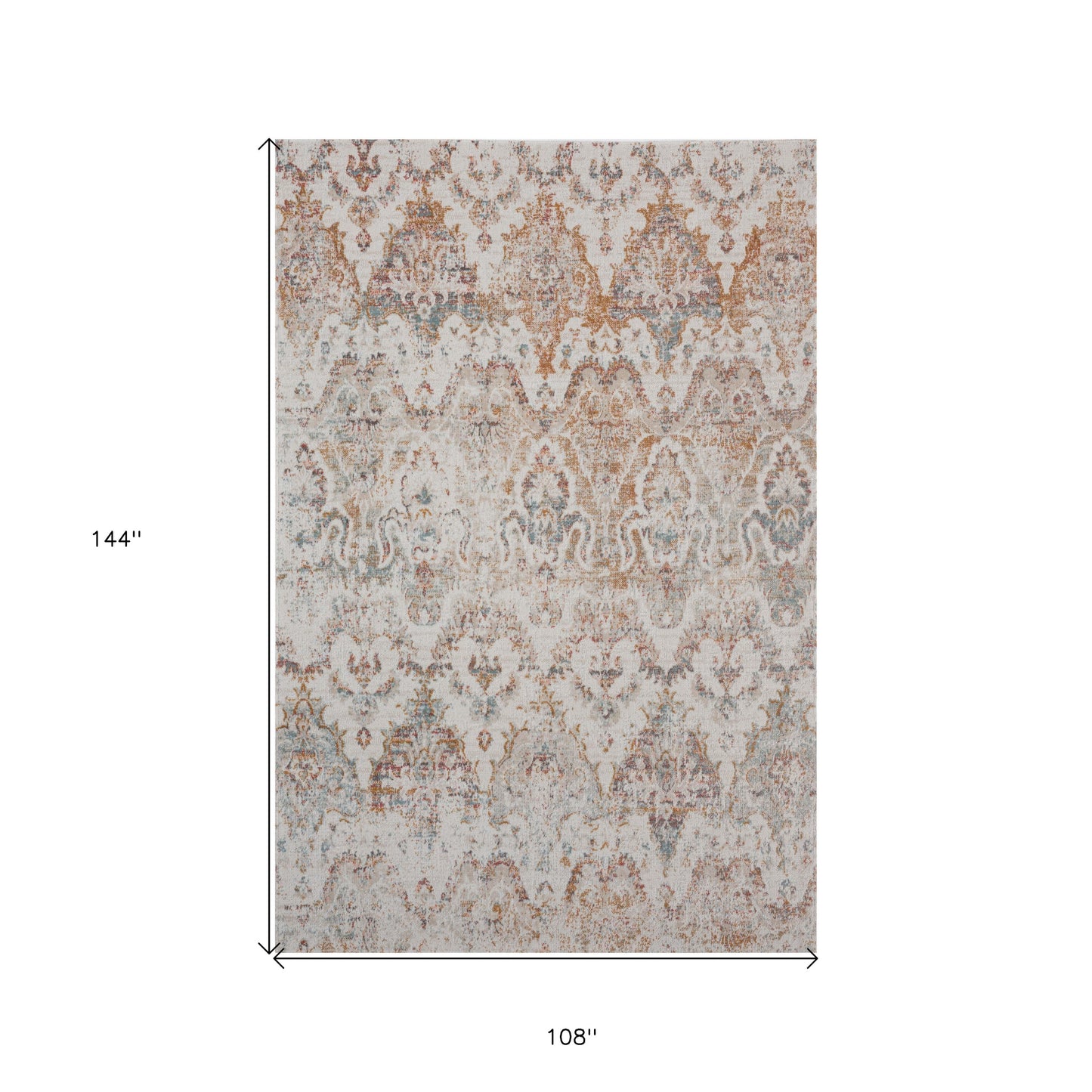 9' X 12' Beige Damask Stain Resistant Indoor Outdoor Area Rug