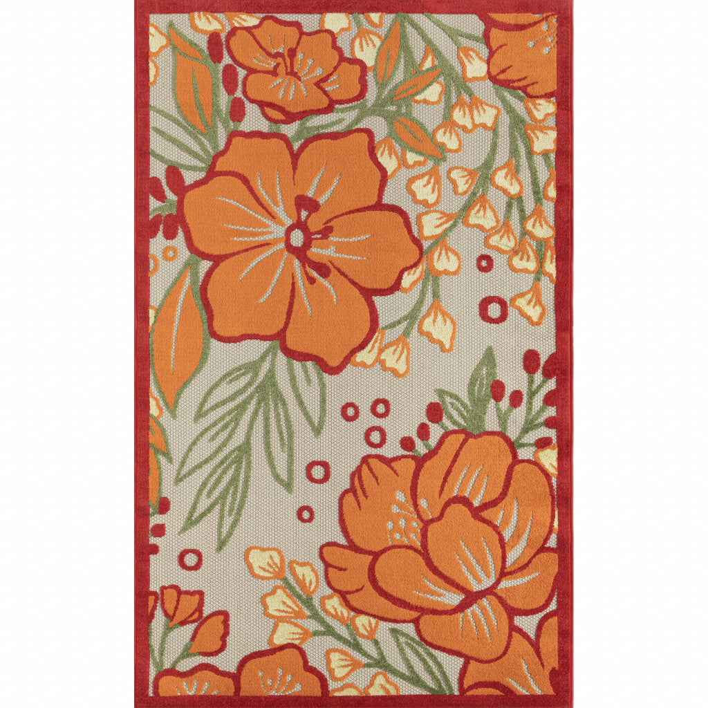 5' X 8' Orange And Ivory Floral Stain Resistant Indoor Outdoor Area Rug