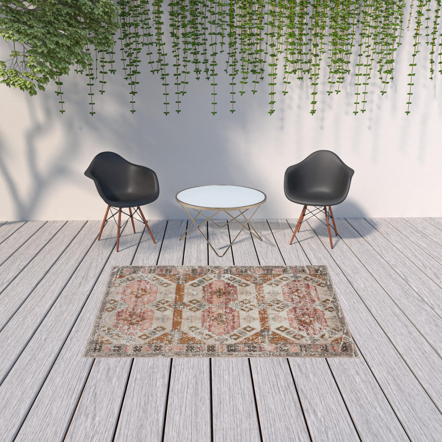 5' X 8' Cream Geometric Stain Resistant Indoor Outdoor Area Rug