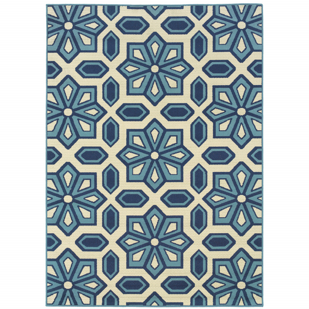 2' X 4' Ivory and Blue Geometric Stain Resistant Indoor Outdoor Area Rug