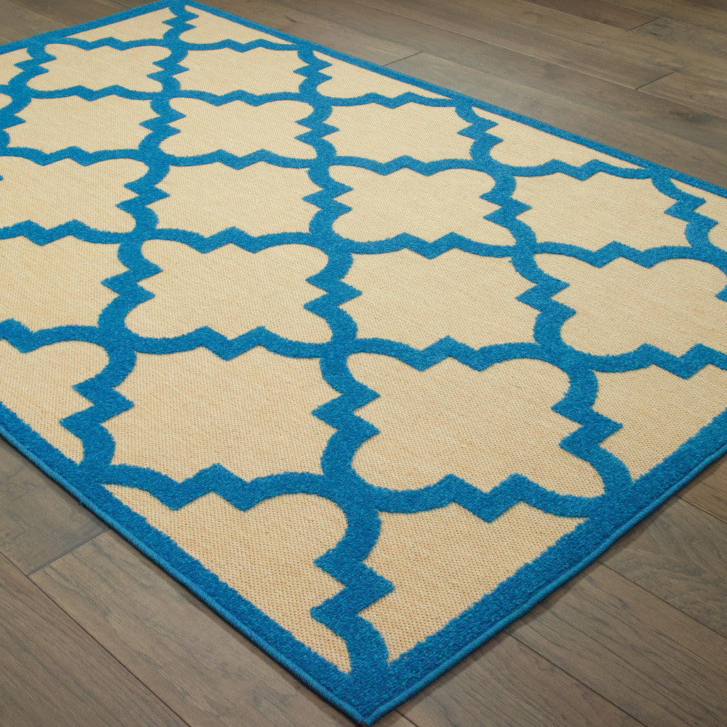 10' x 13' Blue and Beige Geometric Stain Resistant Indoor Outdoor Area Rug