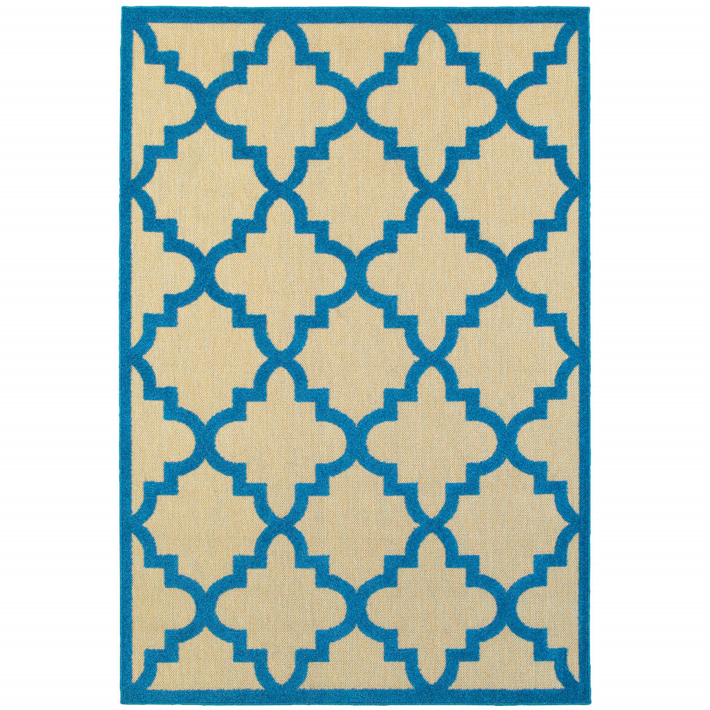 10' x 13' Blue and Beige Geometric Stain Resistant Indoor Outdoor Area Rug