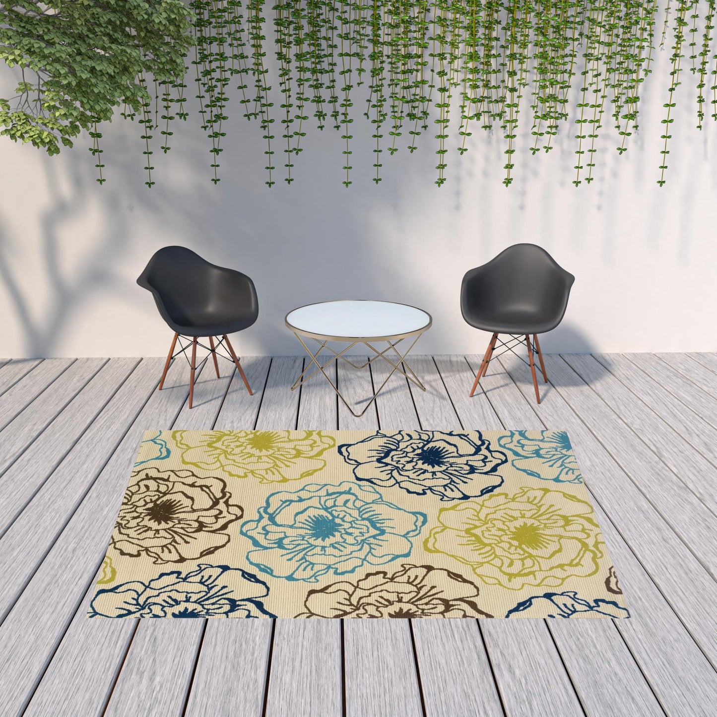 7' x 10' Green and Ivory Floral Stain Resistant Indoor Outdoor Area Rug