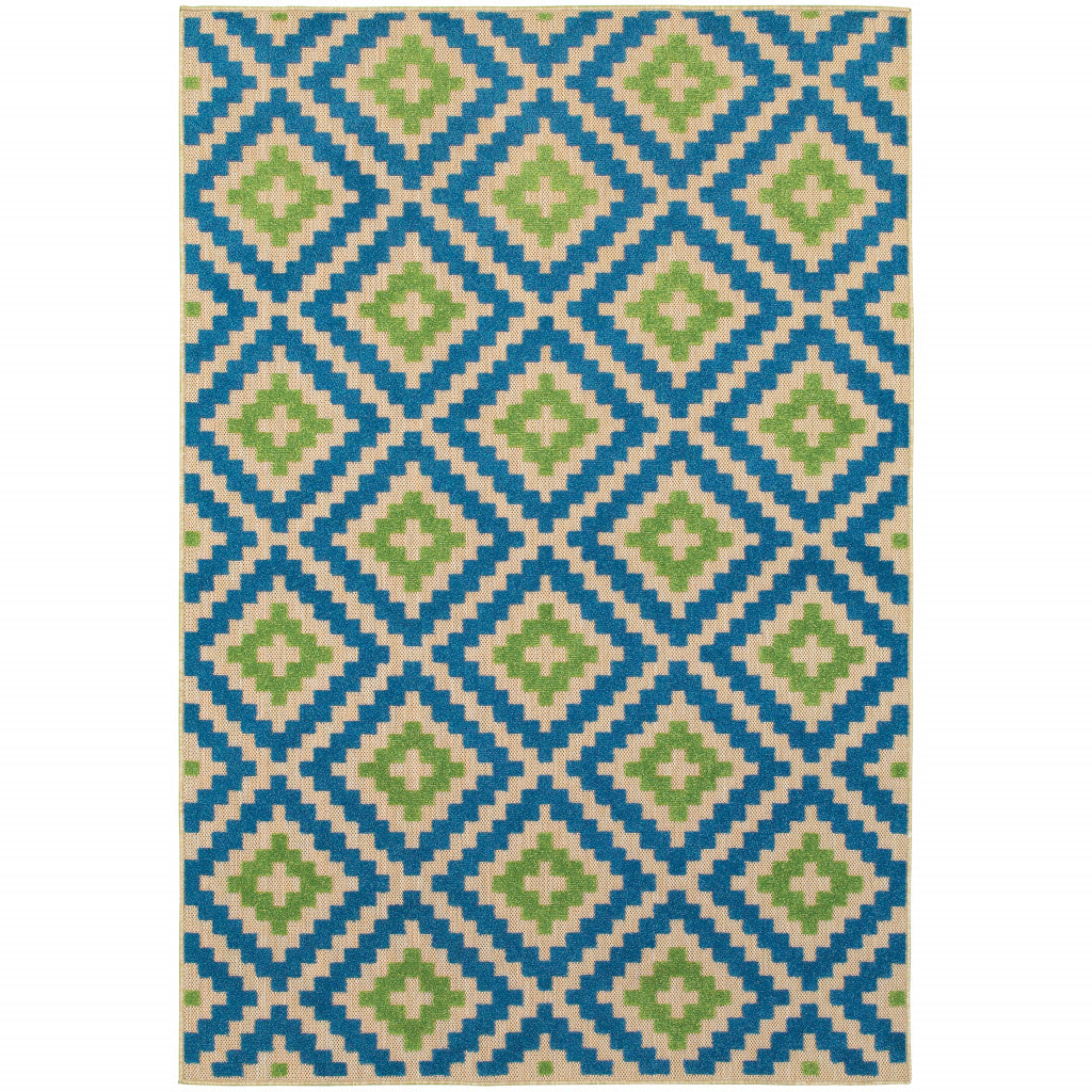 7' x 10' Blue and Beige Geometric Stain Resistant Indoor Outdoor Area Rug