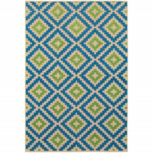 7' x 10' Blue and Beige Geometric Stain Resistant Indoor Outdoor Area Rug